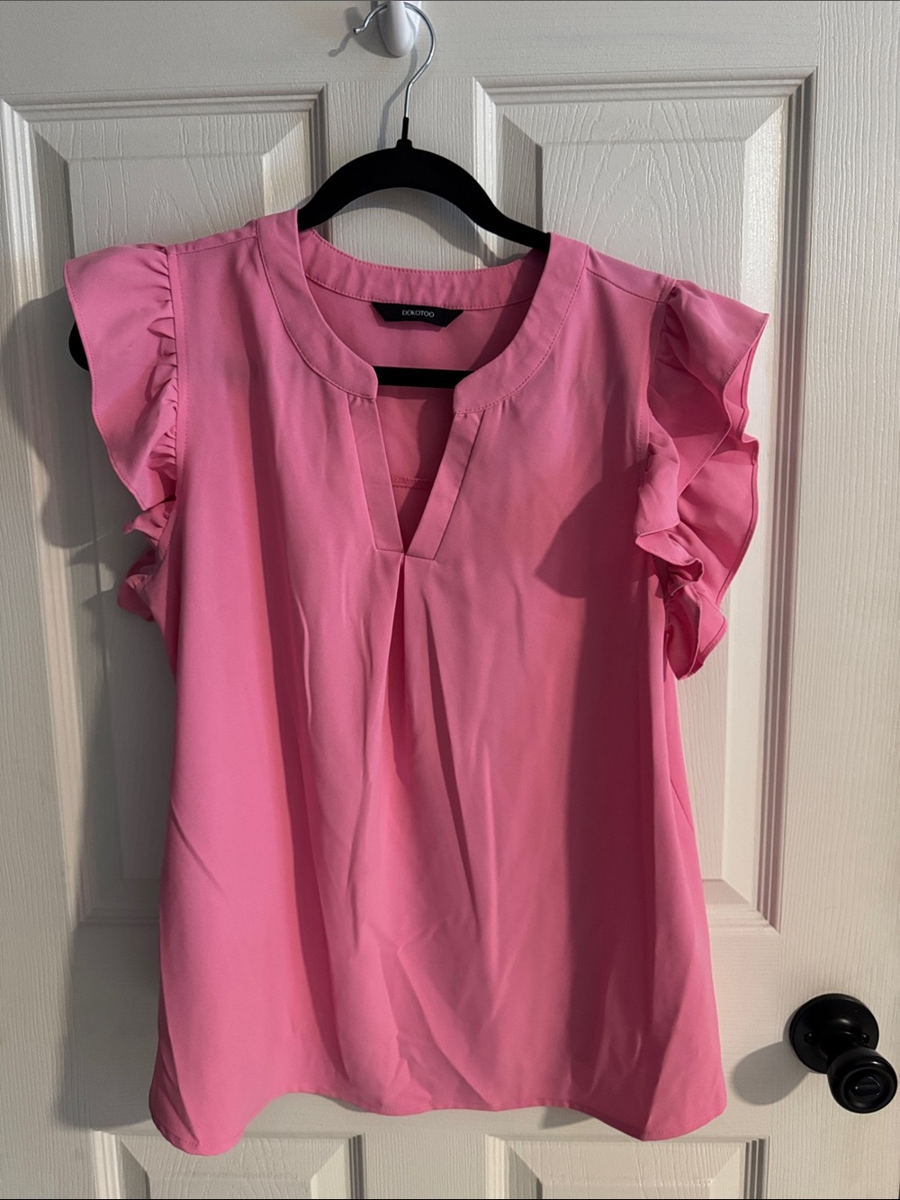 Pink Ruffle Sleeve Split-Neck Blouse